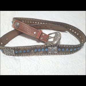 Nocona belt 42 genuine leather brown with blue rhinestones silver hardware